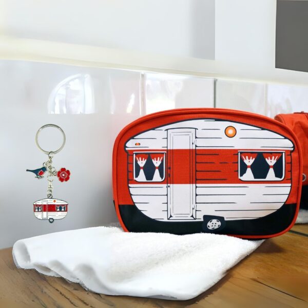 Toilettas met sleutelhanger caravan rood - voordeelset - Van Go Collection